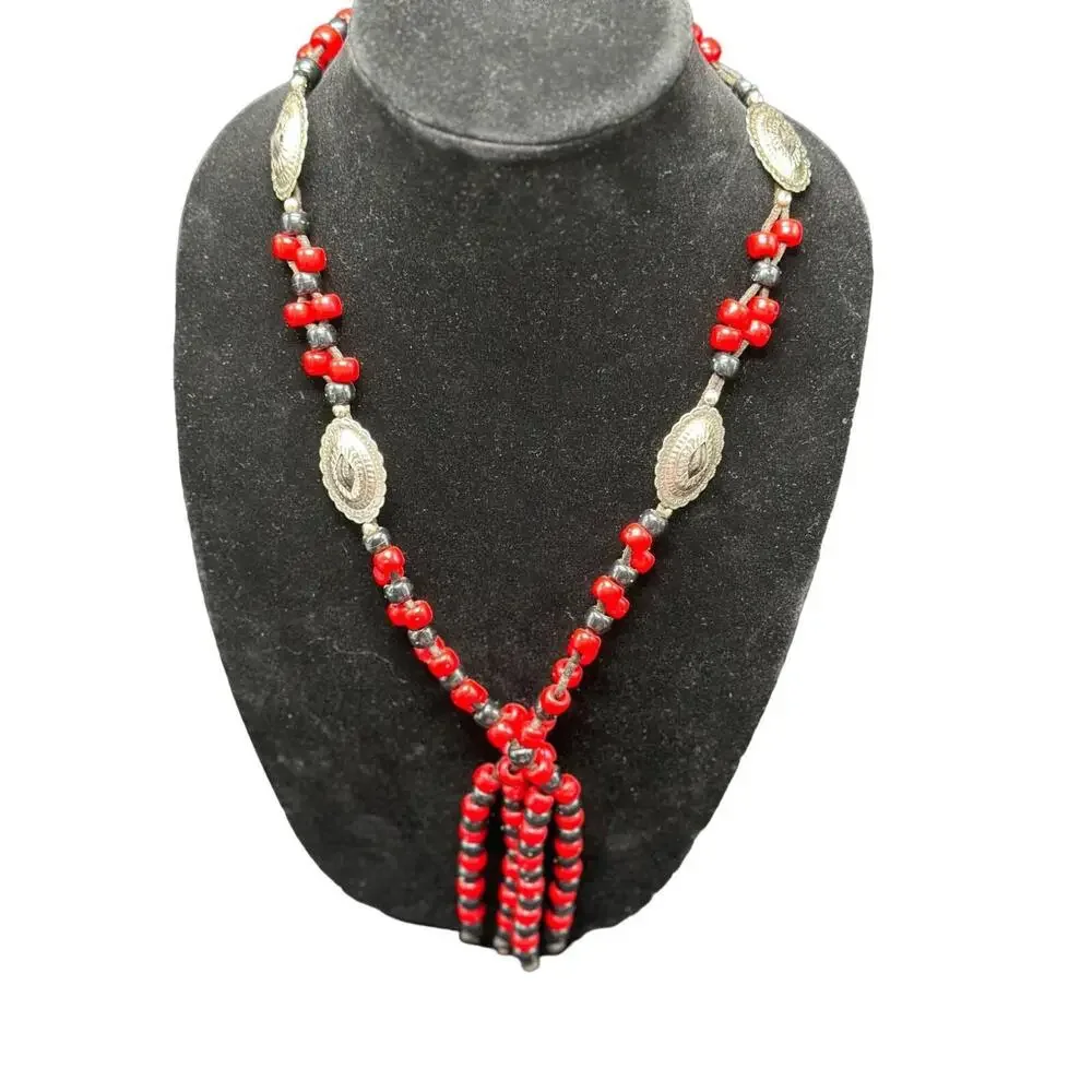 Vintage Womens Black & Red Beaded Boho Rodeo Concho Cowgirl Necklace 31" - Picture 1 of 5